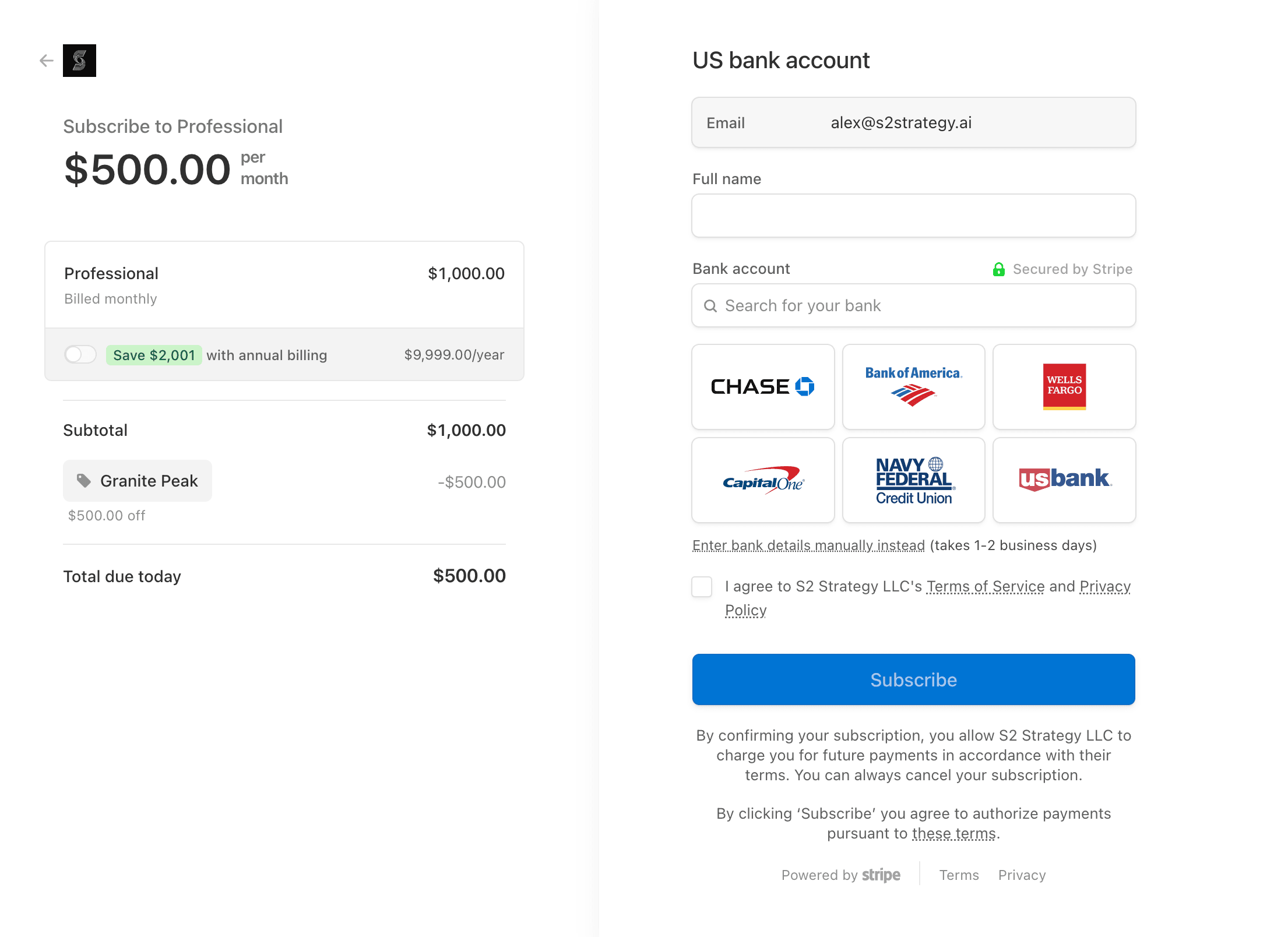 ACH payment form