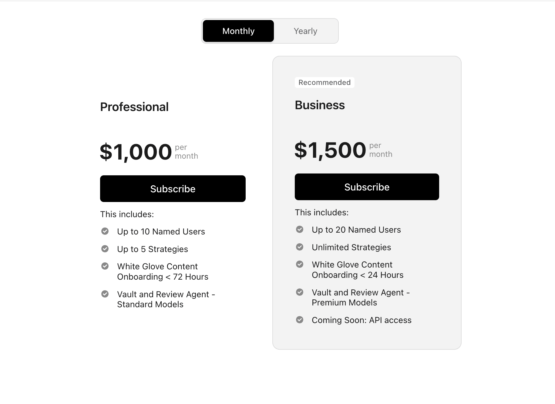 Pricing toggle and plans